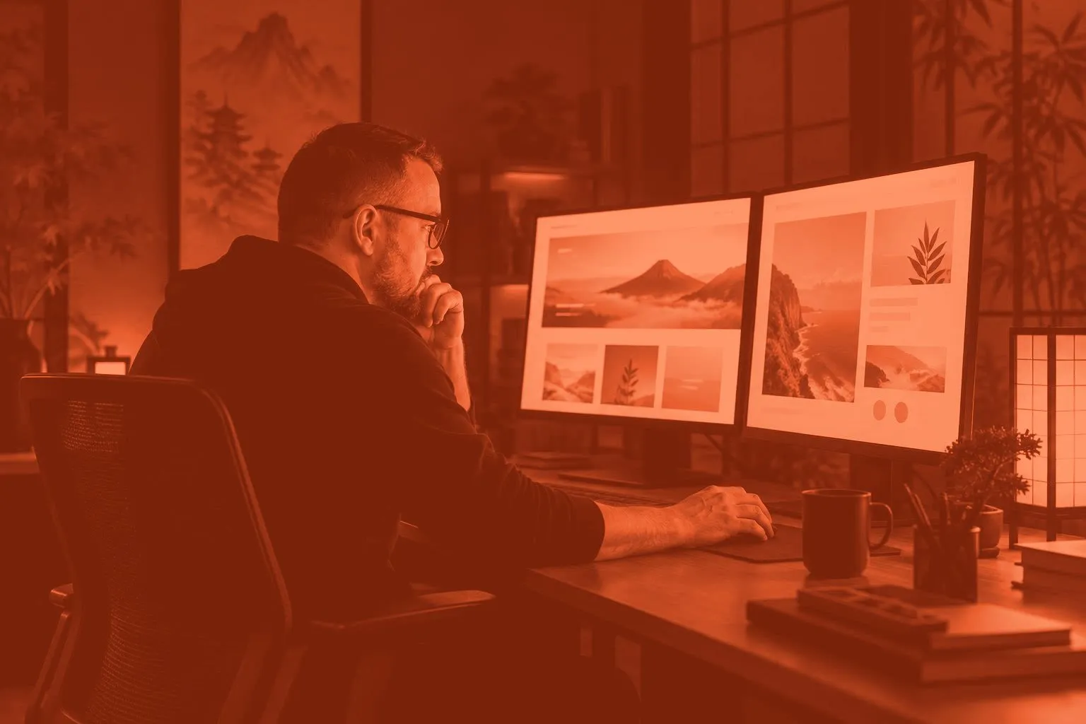 Bartłomiej przy dwóch monitorach z projektami landing page’y – kadr w czerwieni